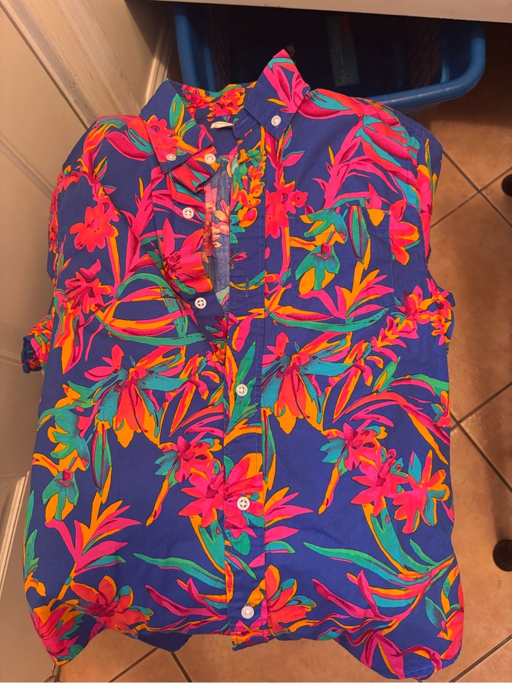 Crewcuts Colorful Blue Pink Floral Print Washed Button Down Shirt